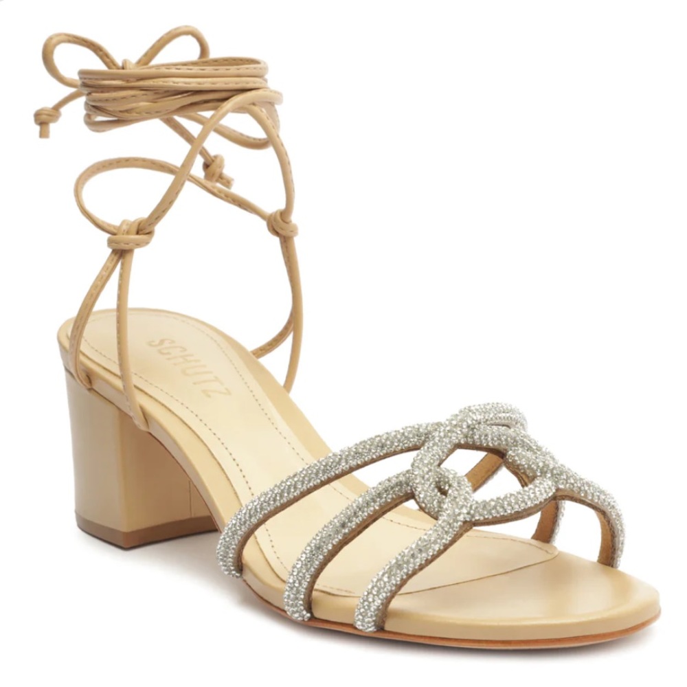 Schutz Joane Mid Lather & Crystal Sandal 9 gold heel lace up strappy tan pump